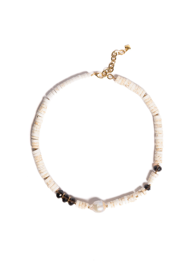 White Turquoise, Baroque Pearl, & Smokey Quartz Necklace