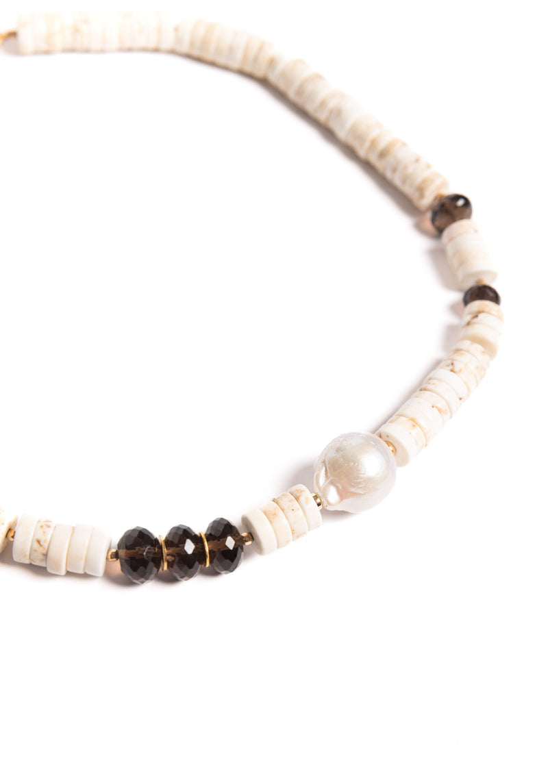 White Turquoise, Baroque Pearl, & Smokey Quartz Necklace