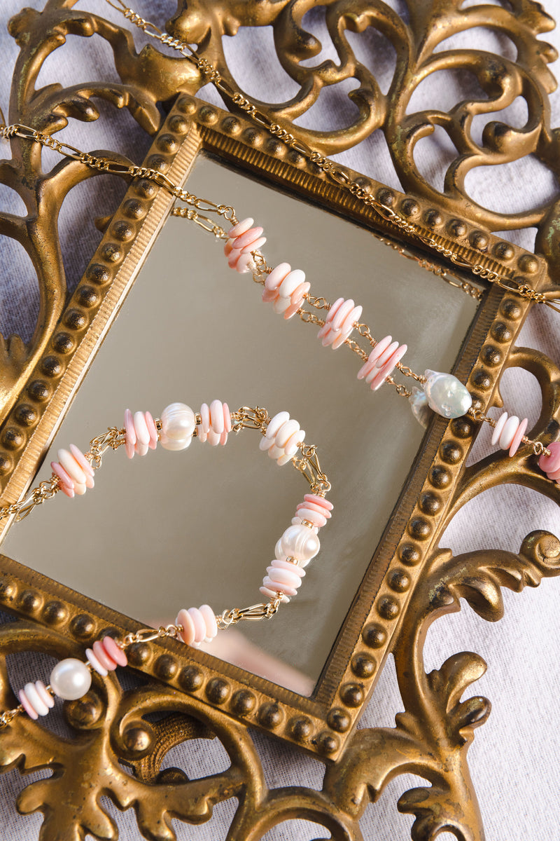 Long Pink Conch Shell with Keshi Pearls Necklace