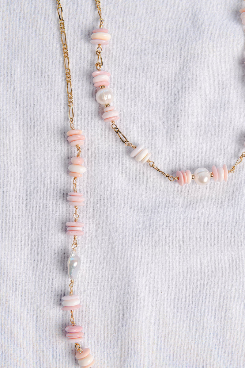 Long Pink Conch Shell with Keshi Pearls Necklace