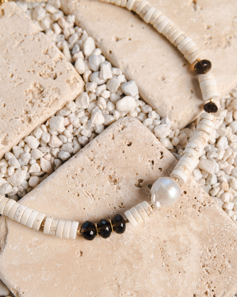 White Turquoise, Baroque Pearl, & Smokey Quartz Necklace