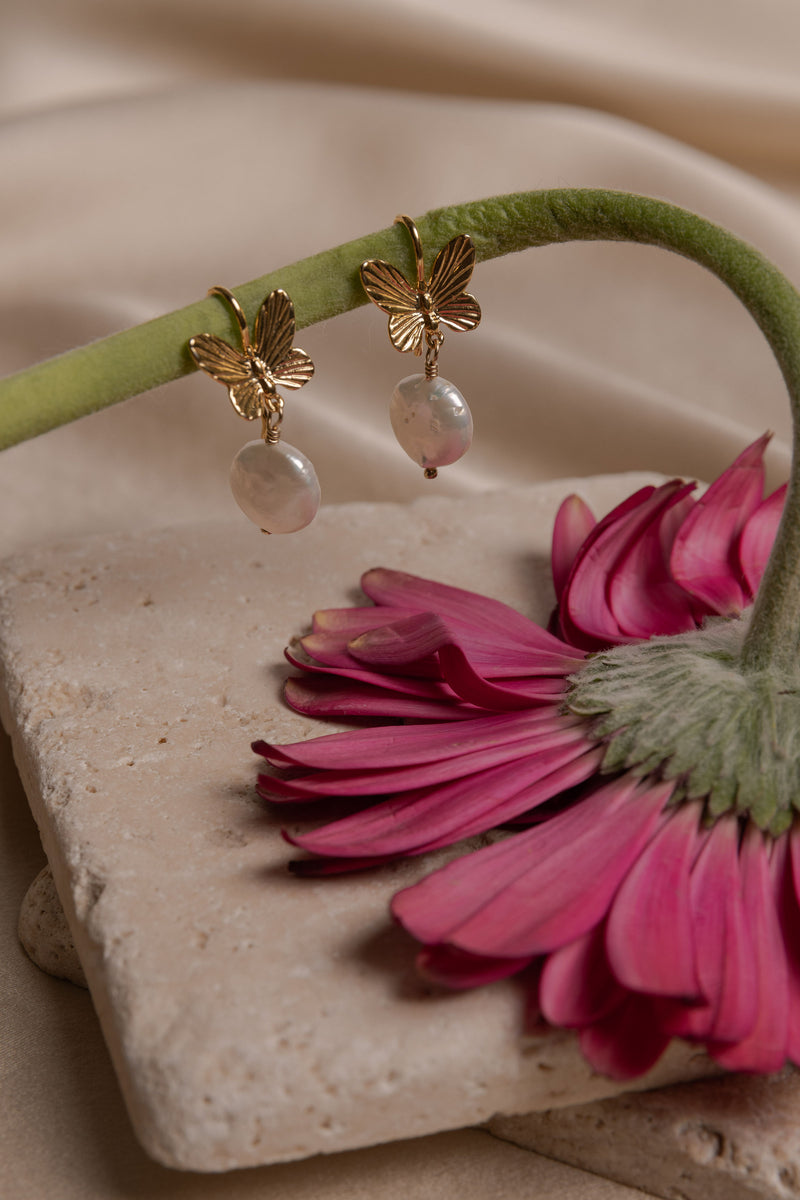 Butterfly & Pearl Earrings