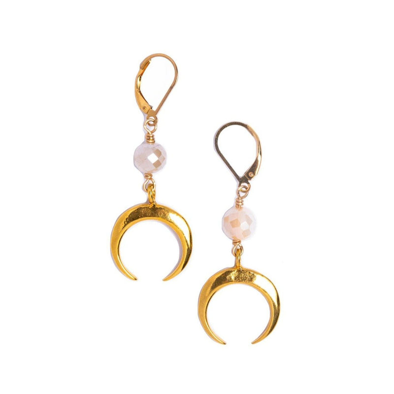 Gold Crescent Moon, Mystic Moonstone Earrings