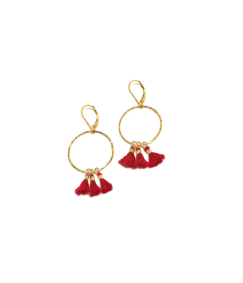 Burgundy Silk Tassel, Gold Hoop Earrings