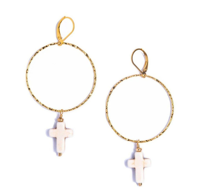 White Coral Cross,Hoop Earrings