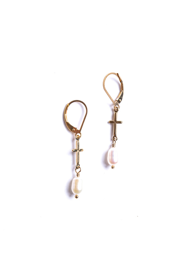 Cultured Pearl & Cross Earrings