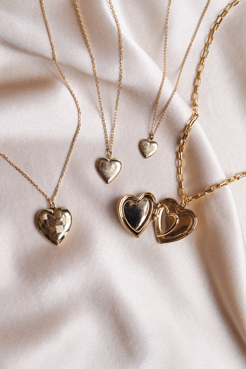 Large Gold Etched Heart Locket Necklace