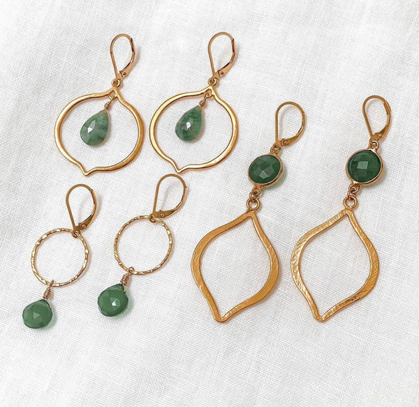 Gold Round Hoop Emerald Drop Earrings