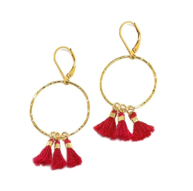 Burgundy Silk Tassel, Gold Hoop Earrings