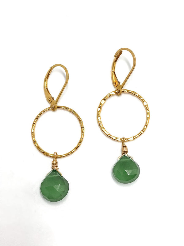 Gold Round Hoop Emerald Drop Earrings