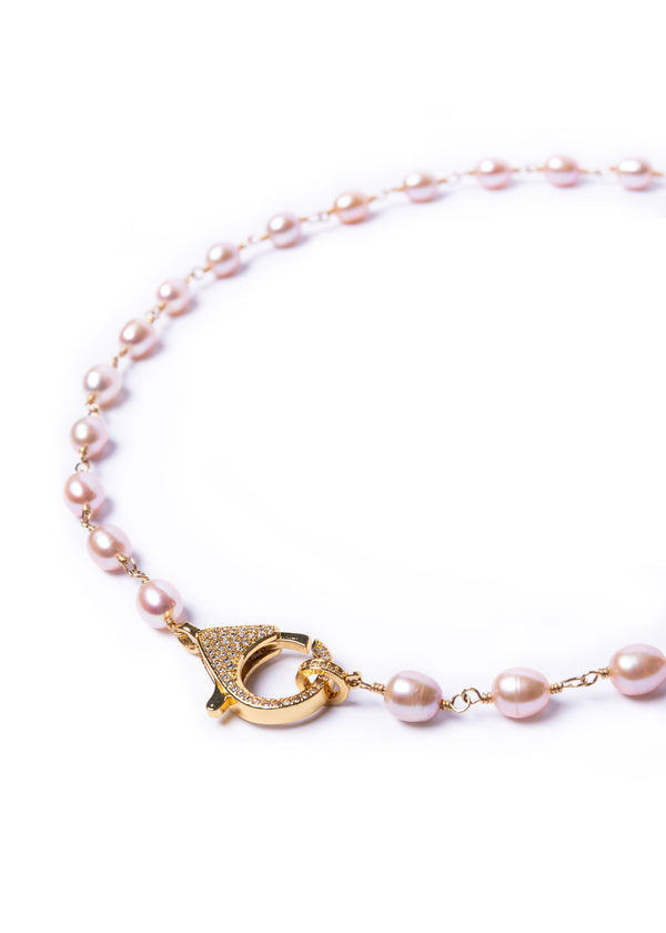 Pink Pearls & CZ Lock Necklace