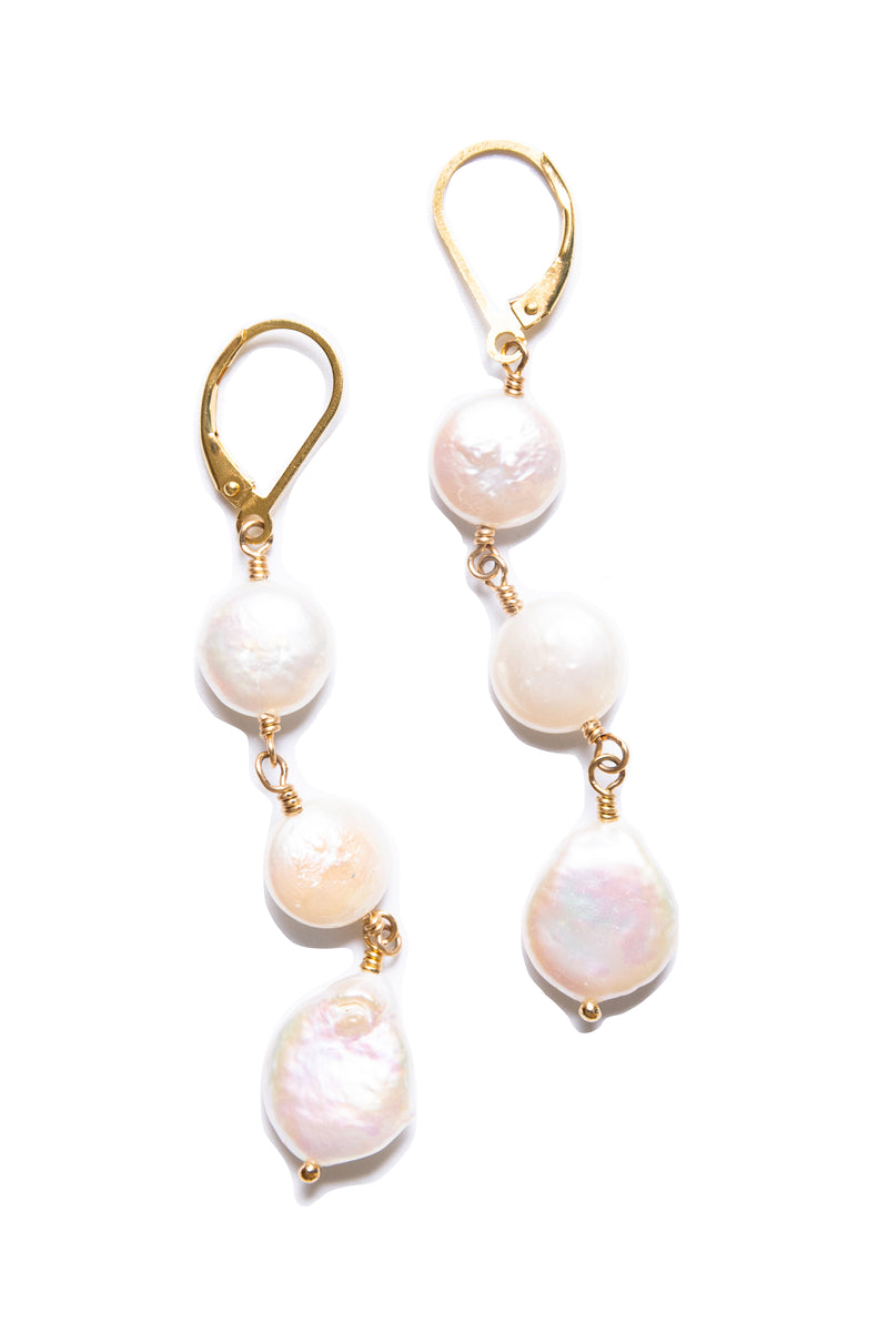 3 Dangling Coin Pearl Earrings